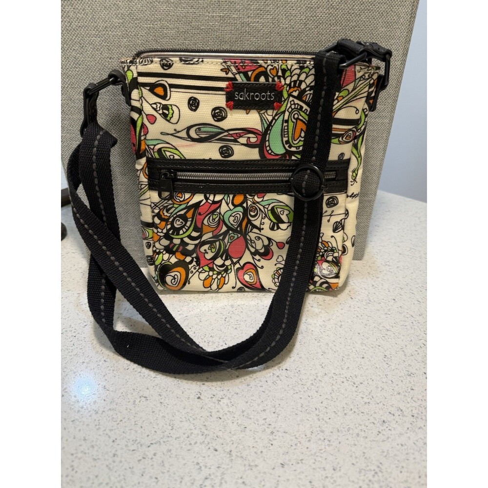 Sakroots Coated Canvas Crossbody Purse Black Cream Peacock Heart LoveSong Print
